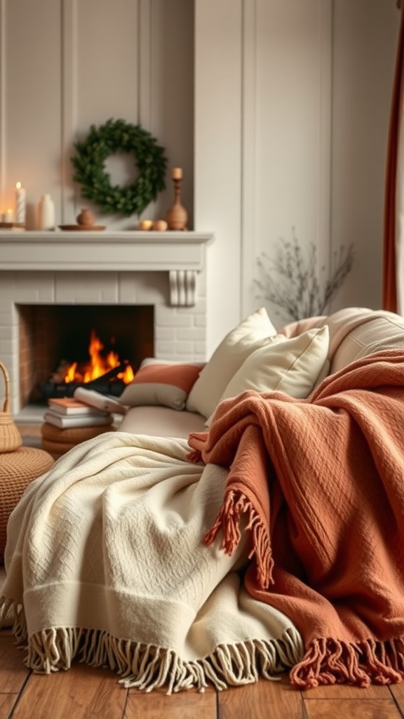 Cozy living room with soft blankets, a warm fireplace, and a welcoming atmosphere