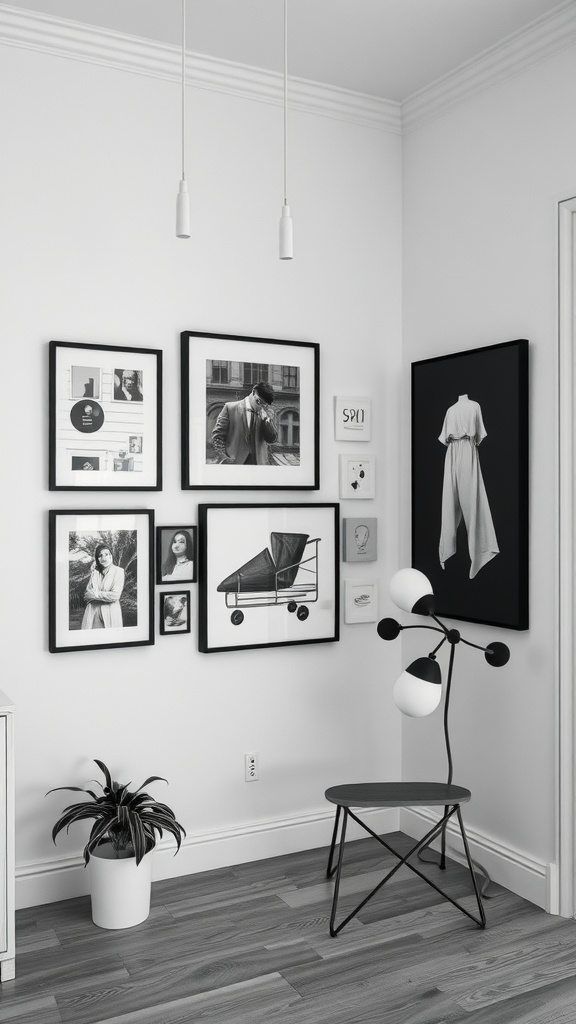 Monochrome gallery wall in a corner featuring various black-and-white abstract prints and line art.