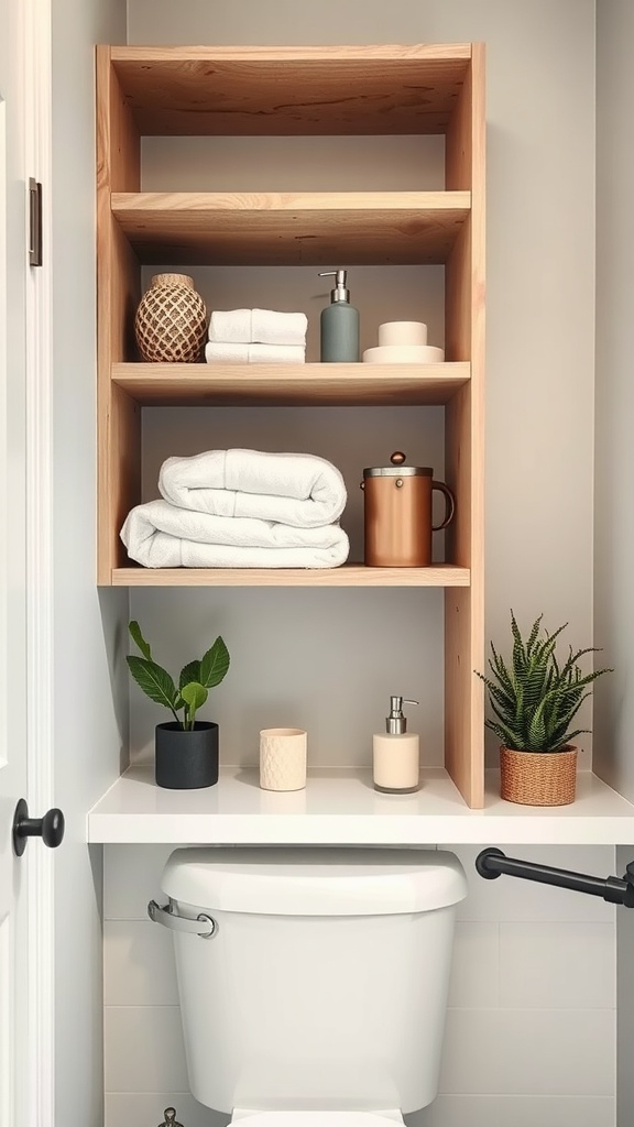 Stylish open shelving in a Scandi bathroom with towels, plants, and decor.