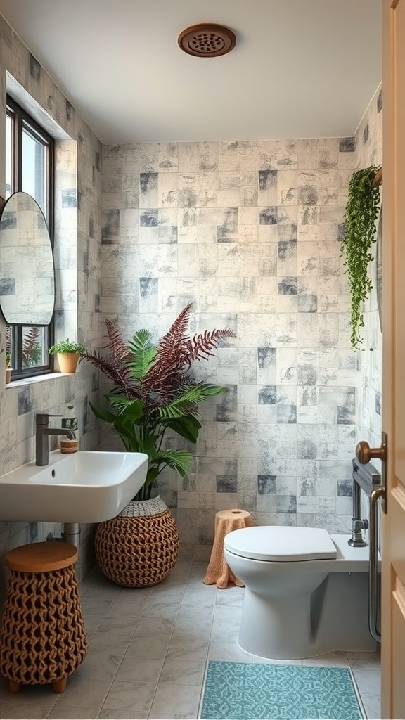 A bright, eco-friendly bathroom with plants and natural materials.