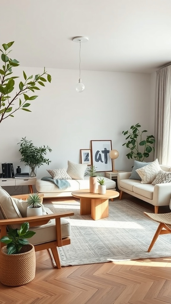 A cozy Scandinavian living room with natural materials and plants.