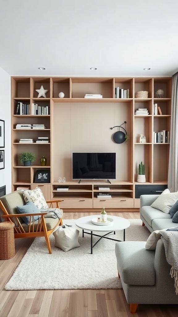 A cozy Scandinavian living room featuring tailored storage solutions, including open shelves and sleek cabinetry.