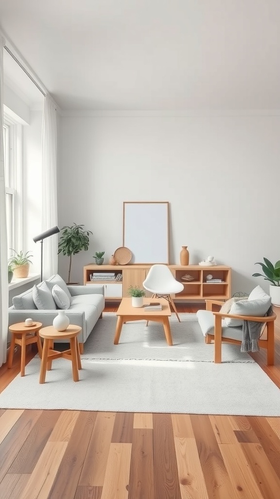 A Scandinavian living room featuring neutral color palettes with wooden furniture and plants.