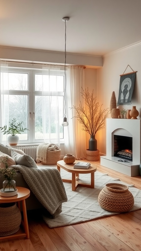 A cozy Scandinavian living room with soft textiles, natural decor, and warm lighting.