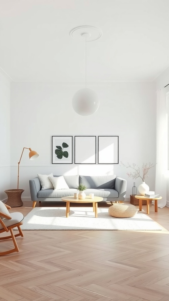 A Scandinavian living room featuring a cozy sofa, wooden furniture, and a light color palette, emphasizing negative space.