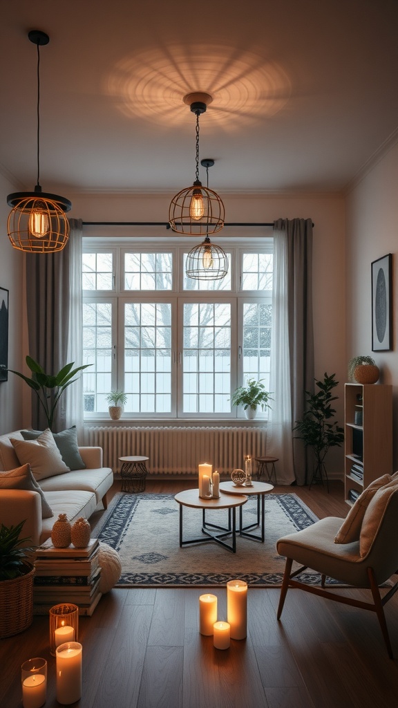 Cozy Scandinavian living room with warm lighting and plants.