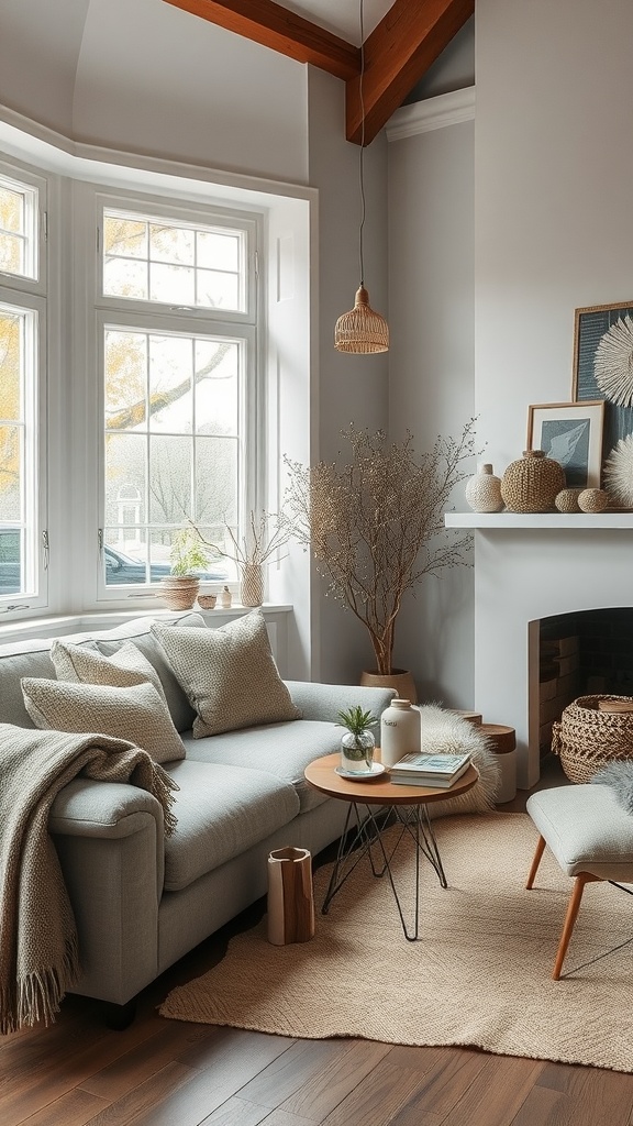 Cozy Scandinavian living room with soft textiles and natural decor.