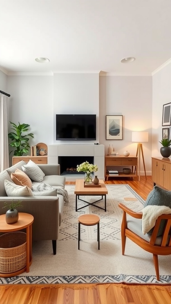 A cozy Scandinavian living room with wooden furniture, plants, and a round coffee table.
