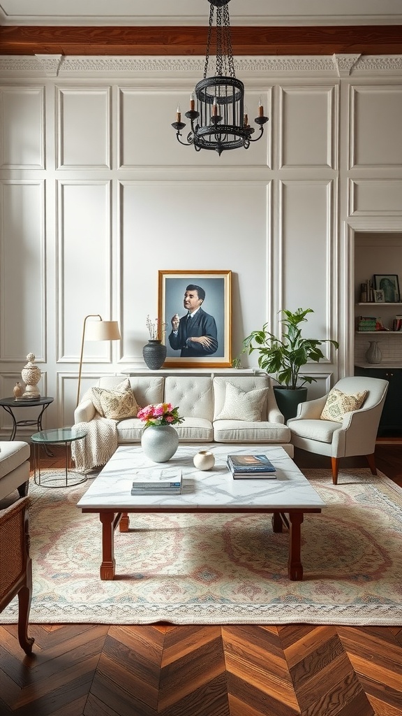 A stylish marble and wood coffee table in a cozy living room setting.