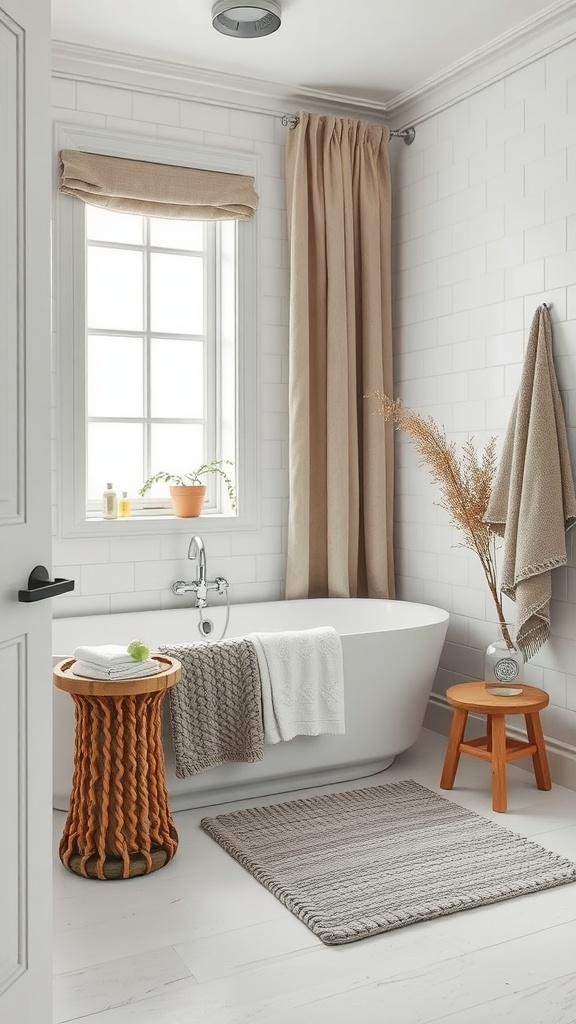 A cozy Scandi bathroom featuring textured fabrics like rugs and towels.