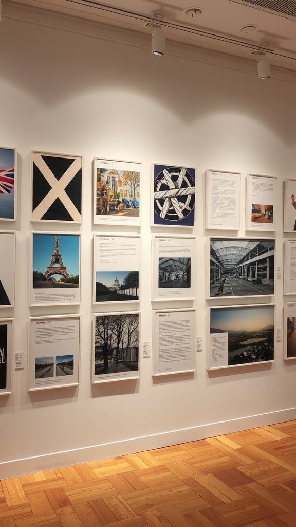 Monochrome gallery wall with various framed black-and-white prints and textured elements.