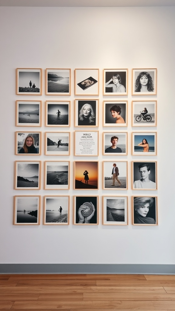 A monochrome gallery wall featuring a grid layout of black-and-white abstract prints and line art.
