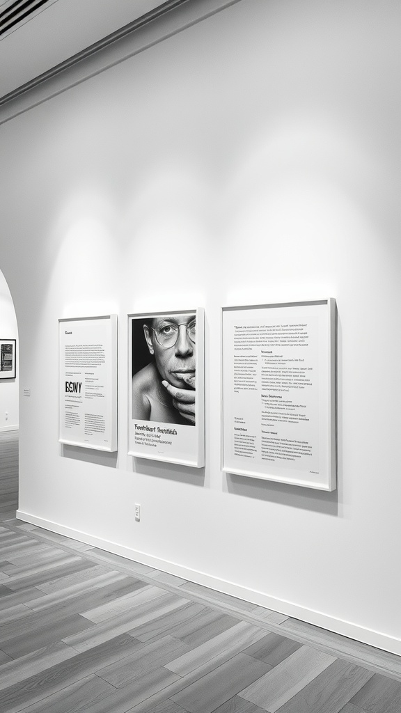 A modern gallery wall featuring black-and-white abstract prints on canvas.