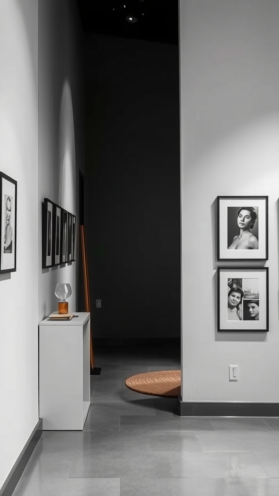 A hallway featuring a monochrome gallery wall with black-and-white framed prints and a small accent piece.