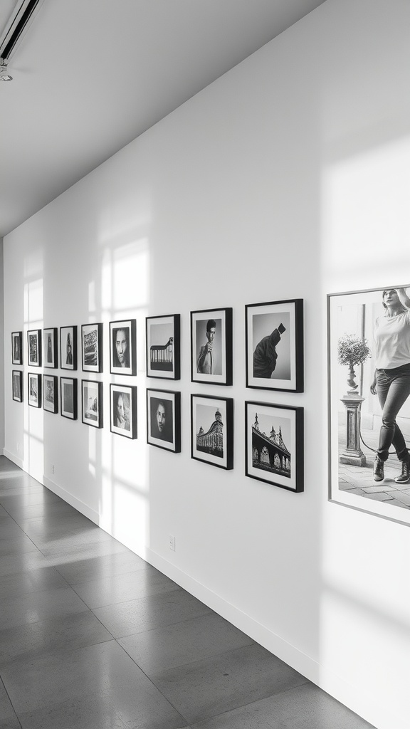 A monochrome gallery wall featuring black-and-white abstract prints and line art in simple frames.
