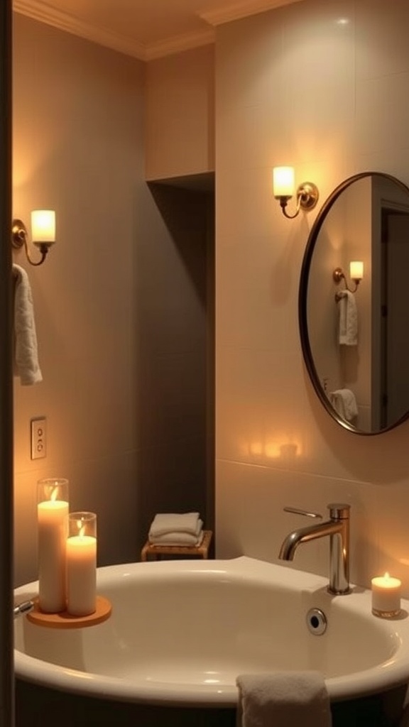 A serene bathroom with soft lighting from candles and wall sconces, creating a cozy atmosphere.