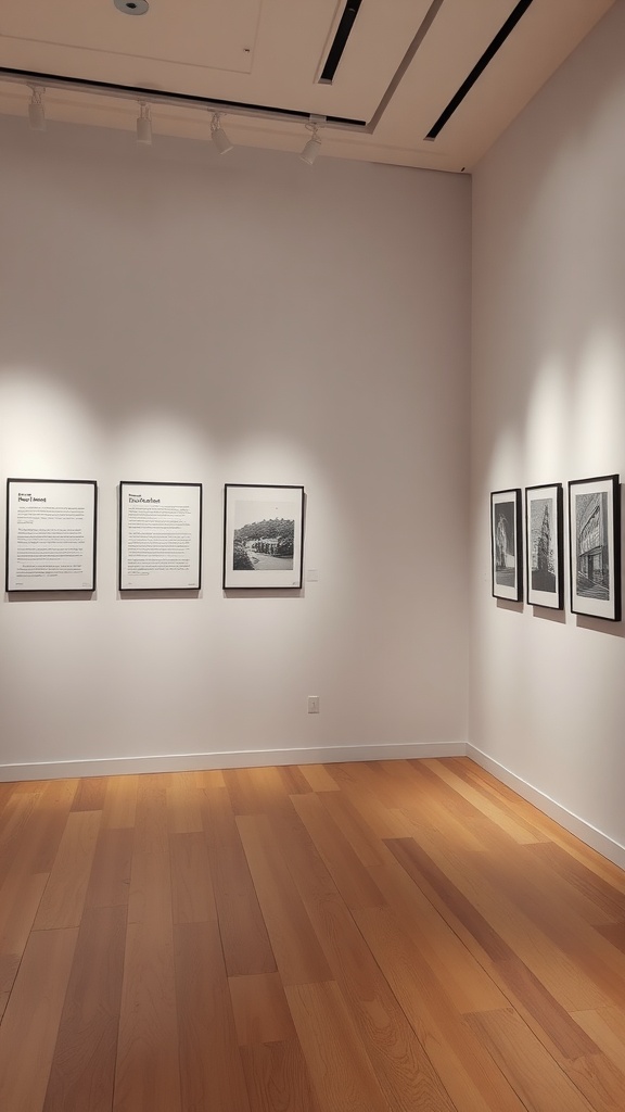 A gallery wall featuring black-and-white abstract prints in simple frames, illuminated by LED lighting.