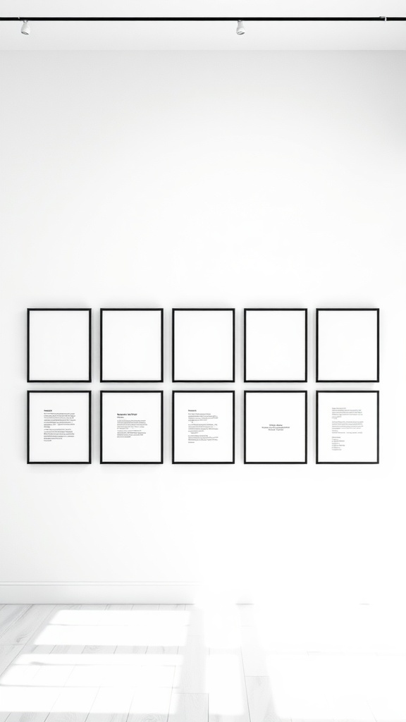 A monochrome gallery wall featuring empty frames on a white wall, emphasizing negative space.