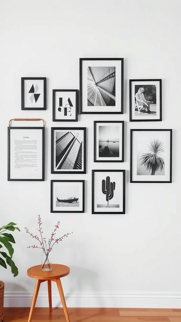 A stylish gallery wall featuring black-and-white abstract prints and line art in simple frames.