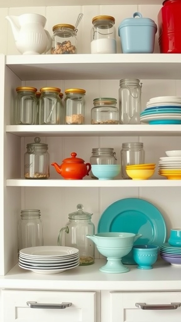 A charming display of vintage glassware and colorful plates on kitchen shelves.