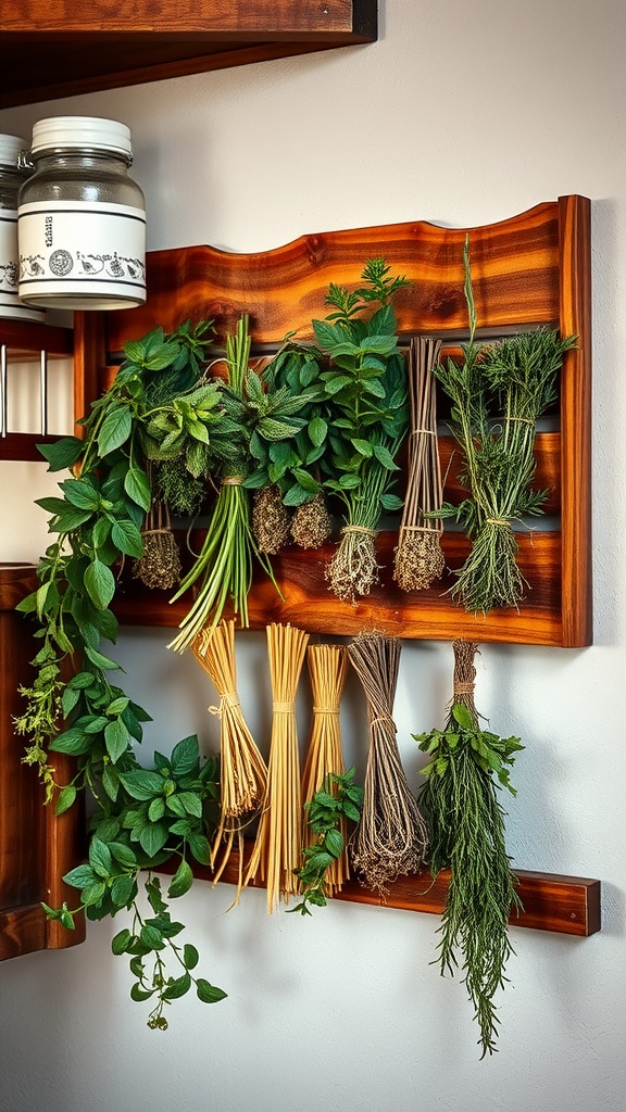 A wooden wall-mounted herb drying rack filled with various herbs.
