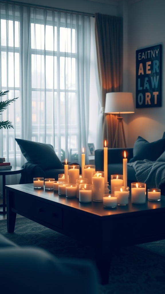 A cozy living room with candles lighting up the table, creating a warm atmosphere.