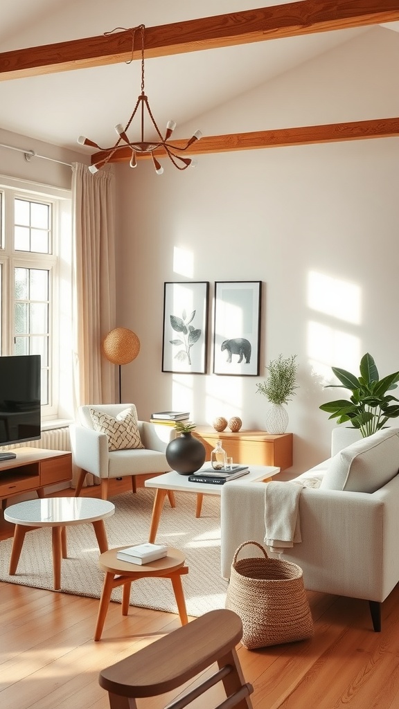 A stylish Scandinavian living room filled with natural light, featuring neutral colors and warm wooden elements.