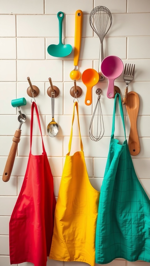 Colorful wall hooks with aprons and kitchen utensils hanging on a tiled wall.