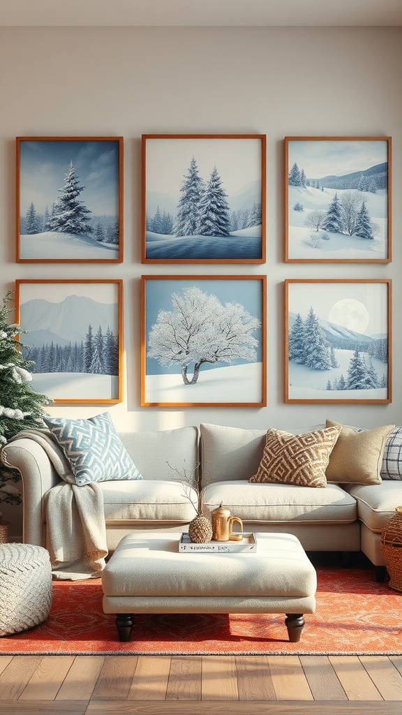 A cozy living room featuring winter-themed artwork with snowy landscapes and frosted trees.