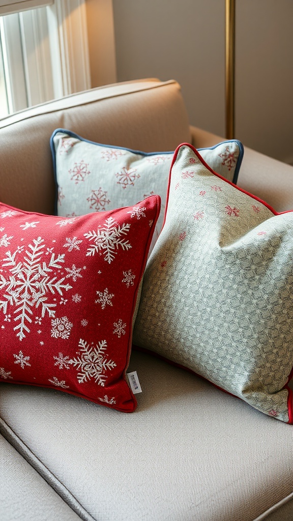 Two winter-themed pillows featuring a snowflake design and the word 'Joye' on a cozy couch.